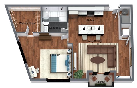 Floor plan for 1 bed, 1 bath, 822 sqft